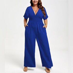 Wide Leg Jumpsuit Pockets V Neck Dolman Sleeve Blue Size 2X